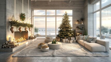 Fototapeta premium Cozy modern living room decorated for Christmas, featuring a tree, fireplace, and gifts, with a serene winter view