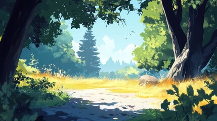 Sunlit Path Through Lush Green Forest Landscape