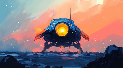 Futuristic Spaceship Landing on an Alien Planet
