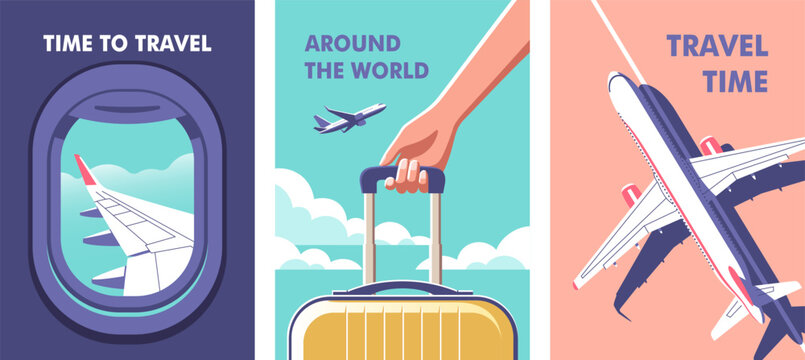 View through the porthole of aircraft. Woman holding a suitcase in her hand close-up and a airplane taking off. Travel, journey concept. Perfect background on the theme of season vacation, weekend.