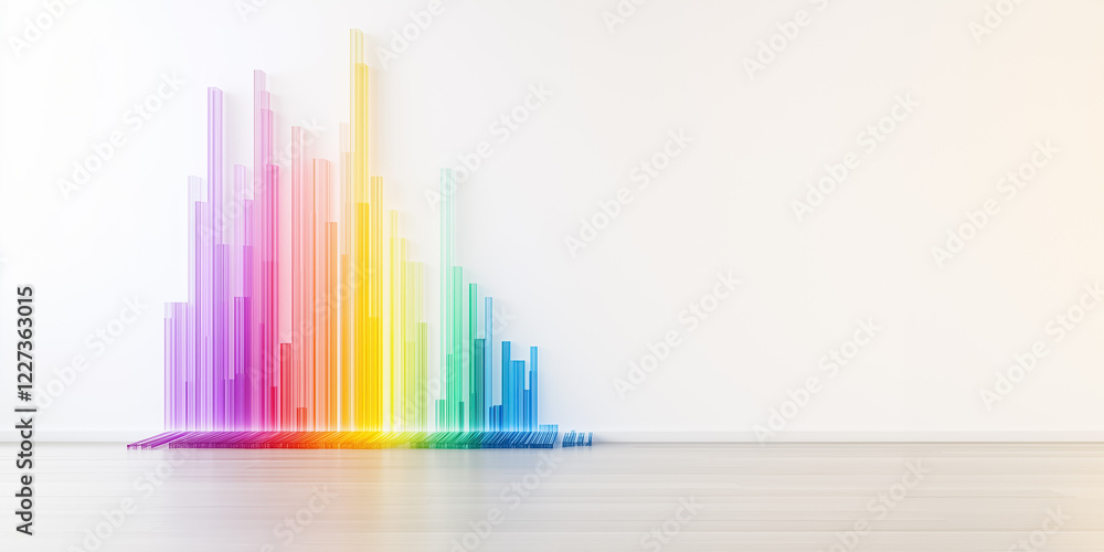 Poster bright, minimalistic design showcases a colorful array of digital code bars that form a smooth rainb