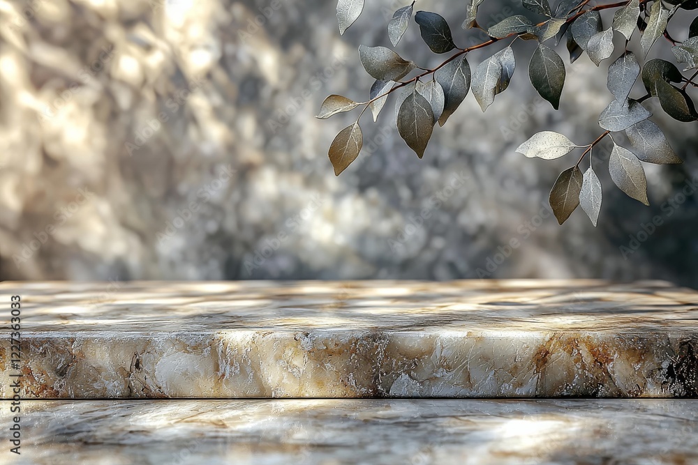 Aufkleber marble table casting a tree shadow on a white wall background for product display