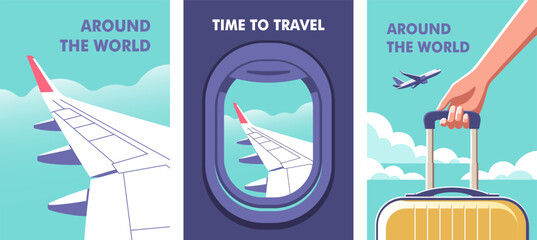 View through the porthole of aircraft. Woman holding a suitcase in her hand close-up and a airplane taking off.Travel, journey concept. Perfect background on the theme of season vacation, weekend. 