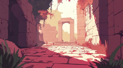 Ancient Ruins Pathway Sunlit Stone Archway