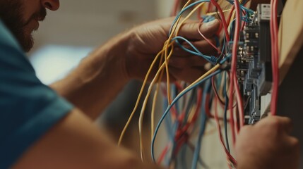 A close-up of an electrician installing wiring in a new residential construction project, Electrical installation scene, Building infrastructure style