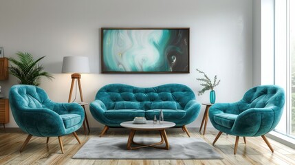 Modern living room featuring teal furniture, abstract art, and natural light from windows