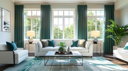 Fototapeta premium Modern living room with large windows, stylish furniture, and vibrant greenery in the background