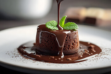 National Chocolate Souffl&eacute; Day chocolate souffl&eacute; on a small plate with a drizzle of chocolate sauce and garnished with a mint sprig