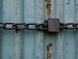 A close-up of a rusted chain and padlock securing a weathered blue metal surface.