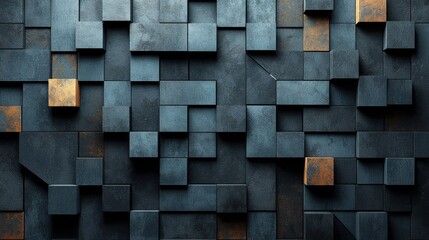A polished, semigloss wall background adorned with tiles. Triangular, 3D tile wallpaper incorporating black blocks. 3D render