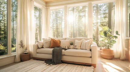 Cozy Sustainable Cabin Interior with Wooden Furniture and Natural Light