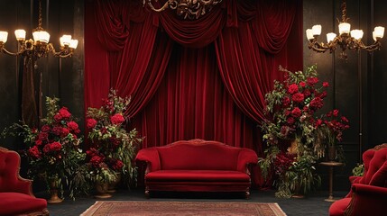 Elegant interior with red velvet furniture and floral arrangements under warm chandeliers light