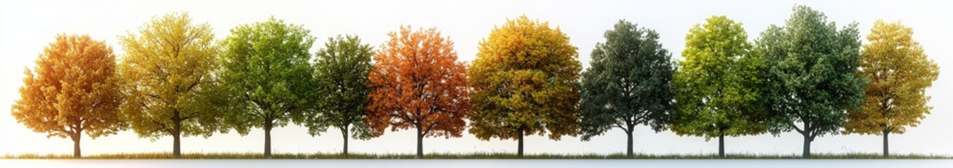 Fototapeta premium Isolated on a transparent background, a panoramic banner shows a landscape of trees and bushes