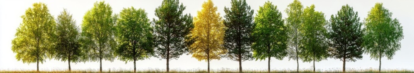 A landscape featuring trees and bushes set against an isolated transparent background, serving as a panorama banner