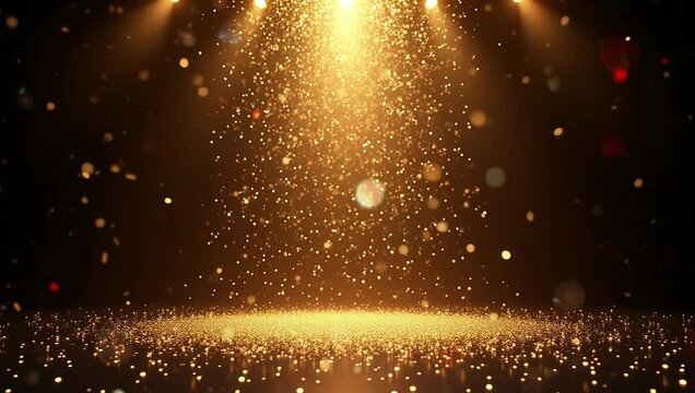 Golden confetti rain pour down with spotlight in podium stage