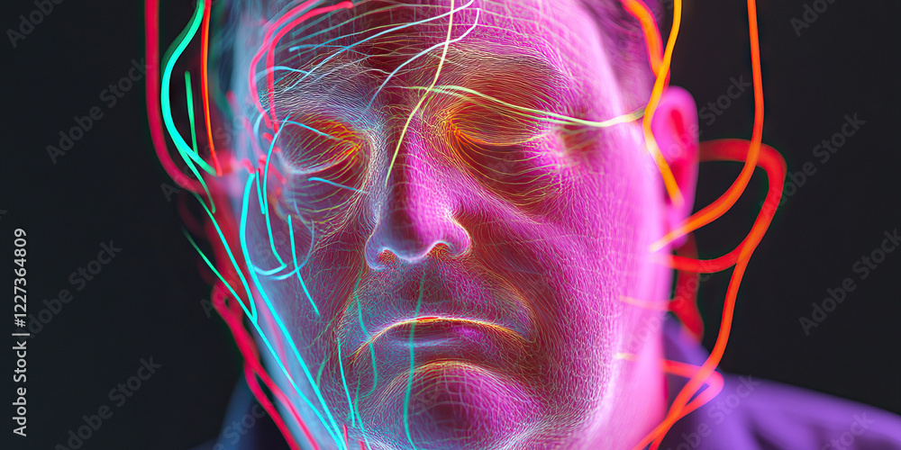 Poster digital face with multicolored lines overlay
