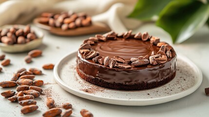 Delicious chocolate cake with cacao beans on a white plate with green leaf and light background