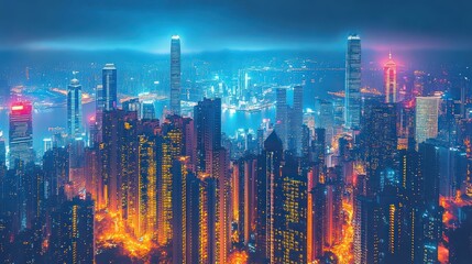 Vibrant Hong Kong Skyline at Night: A Dazzling Urban Panorama