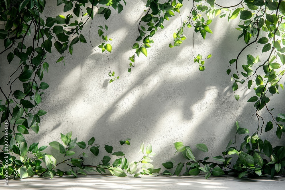Poster wooden table background with open space and shadows from ficus leaves