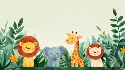 A cheerful illustration featuring a lion, elephant, giraffe, and another lion surrounded by vibrant foliage and flowers.