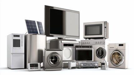 A collection of various household appliances with a white background and some shadows