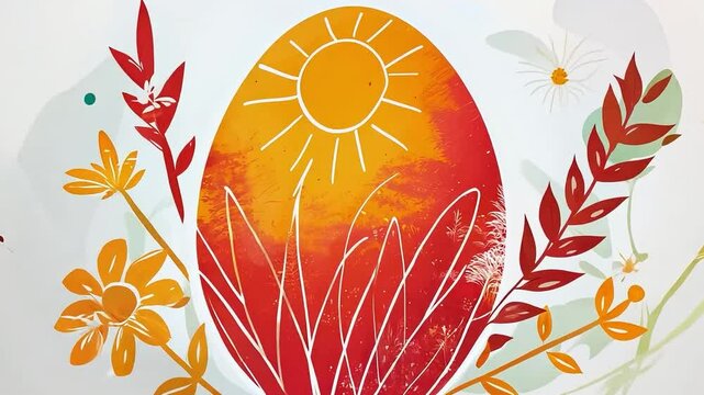 Illustrated Easter egg with flowers, grass, and a sun design