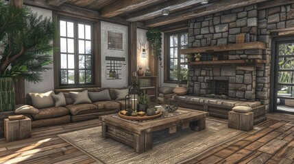 Cozy rustic living room with wooden furniture, stone fireplace, and natural light streaming in