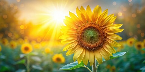 Obraz premium A majestic sunflower blooms in soft morning light with delicate petals illuminated from behind, showcasing its intricate details and vibrant yellow color , morning light, soft illumination