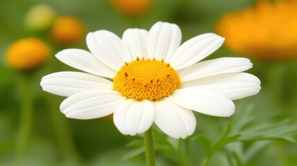 Fototapeta premium White daisy close-up, garden setting, blurred orange flowers background, nature photography