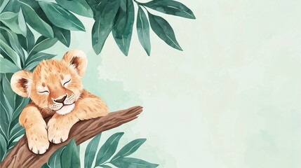 A cute baby lion sleeps peacefully on a branch surrounded by lush green leaves, creating a serene and playful atmosphere.