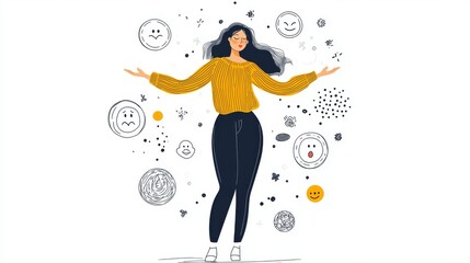 Minimalist emotional intelligence illustration, female figure in marigold yellow sweater and navy pants, expressive hands gesture balancing, floating circular emojis displaying range of emotions,