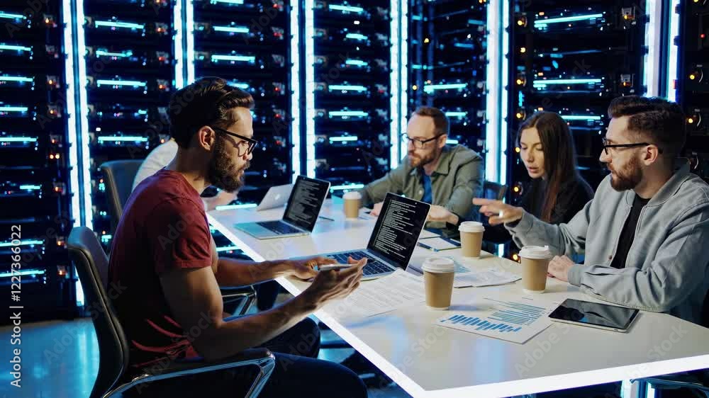 Poster collaborative tech meeting in a modern data center with team discussing project strategies