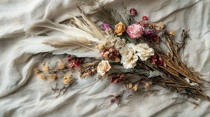 Dried floral arrangement with feathers on textured fabric creating a rustic artistic display