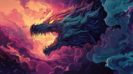 Fierce Dragon Head Amidst Swirling Cosmic Clouds