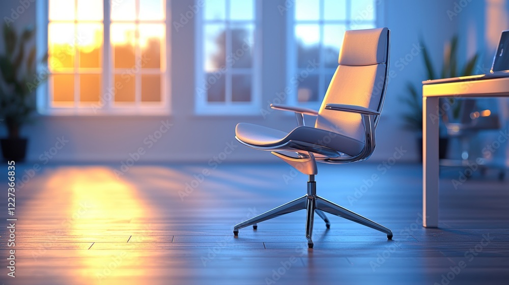 Poster a modern office chair in a stylish workspace, illuminated by natural light from large windows, creat
