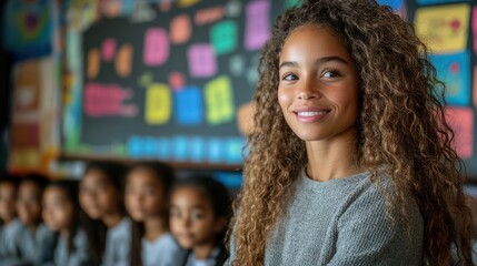 Portrait of a Smiling Young Teacher with Students in the Background