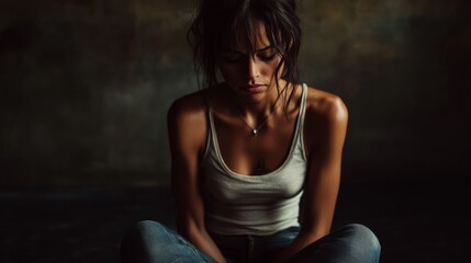 Modern emotional health portrait emphasizing human experience, light cotton top against dark surroundings, distressed denim texture, gentle floor position, minimalist architectural elements, low-key