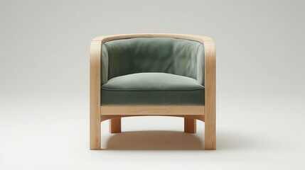 Modern minimalist armchair with a light wooden frame and soft green upholstery in a neutral setting