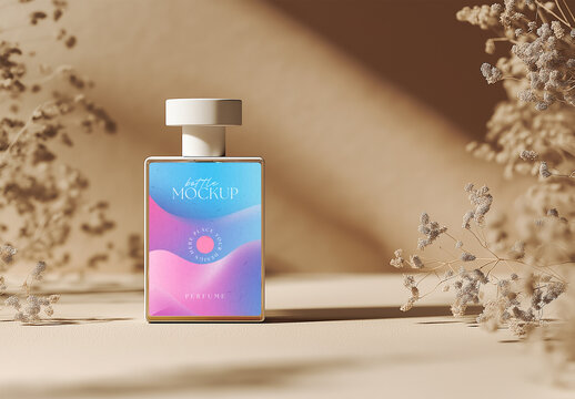 Elegant Perfume Mockup &ndash; Rectangular Bottle on Warm Beige Background with Dried Floral Shadows