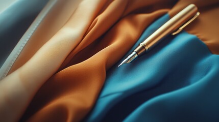Naklejka premium Modern medical photography capturing therapeutic documentation process, elegant pen and clipboard details, carefully balanced warm rust and cool blue fabric elements, gentle ambient lighting,