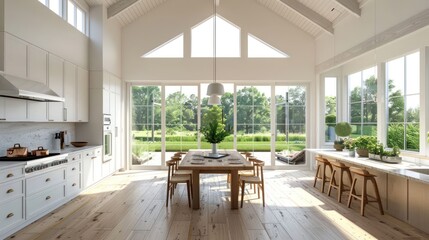 Bright and airy modern kitchen and dining area with large windows overlooking a lush garden