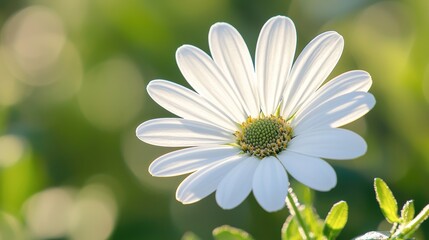 Fototapeta premium A close-up of a white daisy flower, featuring delicate petals and a vibrant green background, illuminated by soft, natural light.