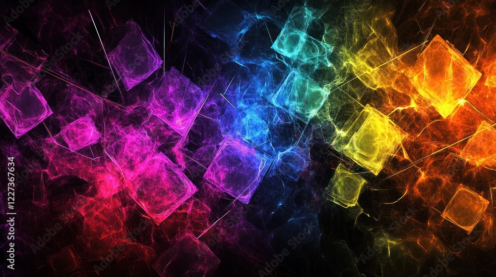 Poster abstract of colorful translucent cubes in a dark background used as a wallpaper or design element