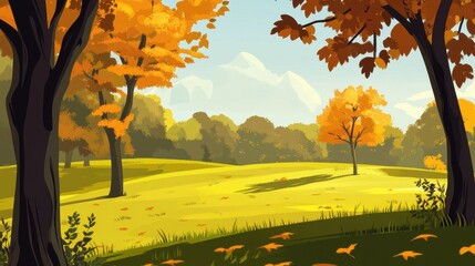 Autumnal Meadow Landscape With Golden Trees