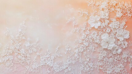 Fototapeta premium Delicate white lace floral pattern on soft peach background for wedding or fashion design