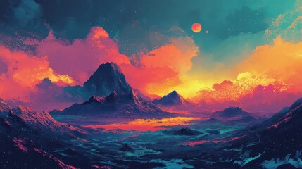 Vibrant Alien Landscape With Mountains and Sunset