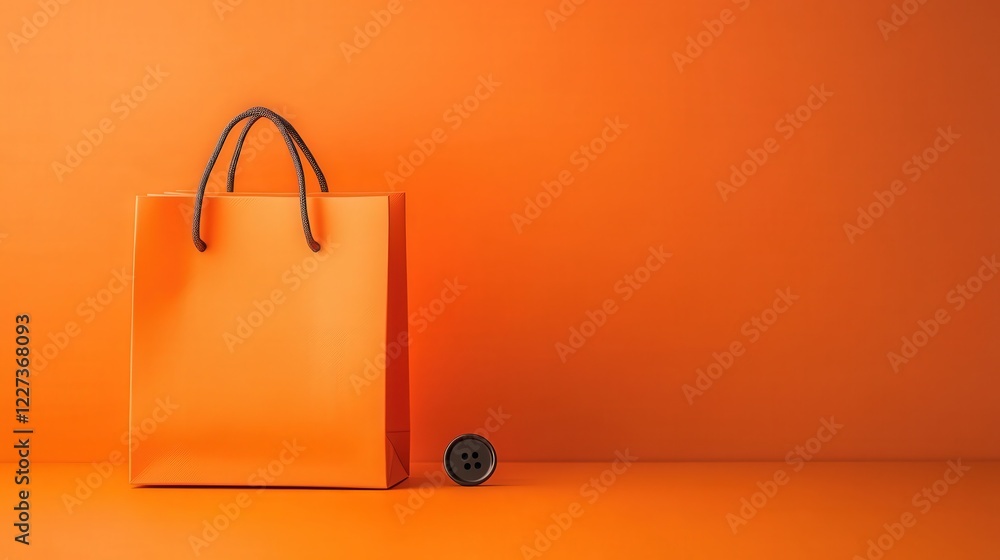 Poster a striking orange shopping bag with a button placed beside it on a simple background. the vivid colo
