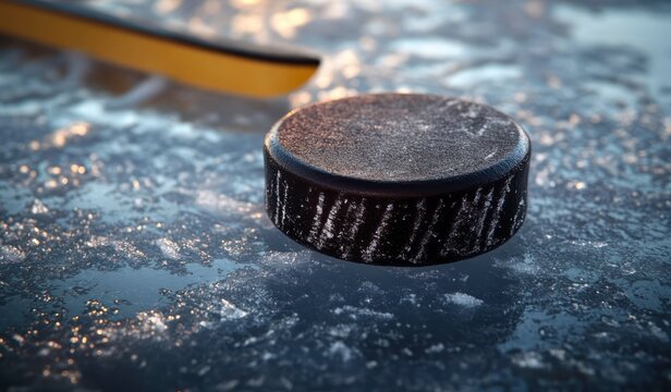 Close-Up of a Hockey Puck on Icy Surface with Dramatic Lighting