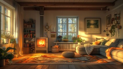 Cozy living room with a warm fireplace, soft lighting, and nature views outside the window
