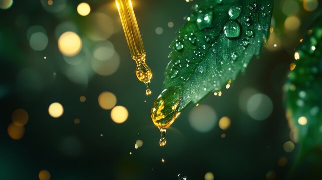 Organic beauty product capture, scientific glass dropper with golden elixir drop, rain-kissed emerald leaf surface, dancing light bokeh effects, crystalline water droplets, dreamy defocused green